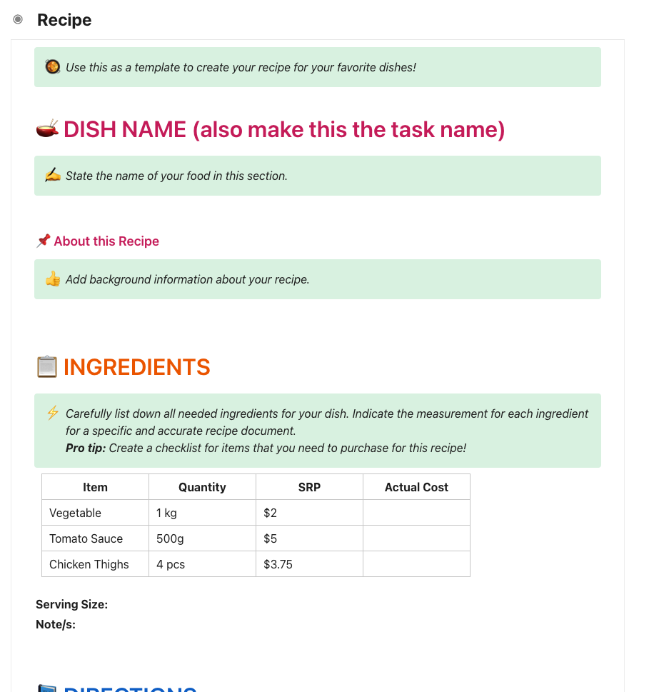 ClickUp Recipe Template